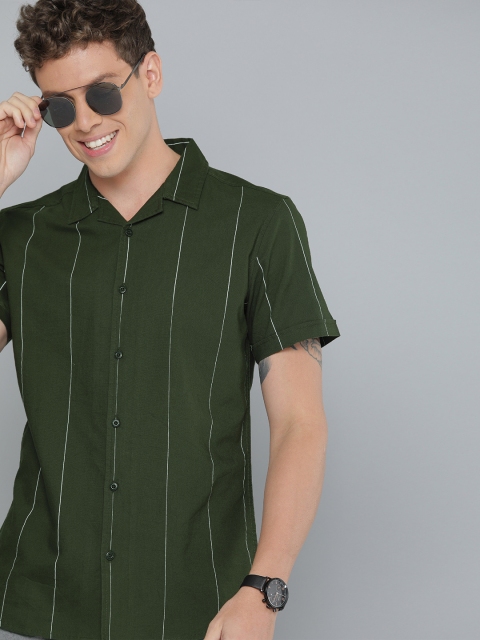 

HERE&NOW Men Olive Green & White Slim Fit Striped Casual Shirt