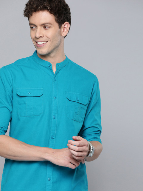 

HERE&NOW Men Turquoise Blue Slim Fit Solid Casual Shirt