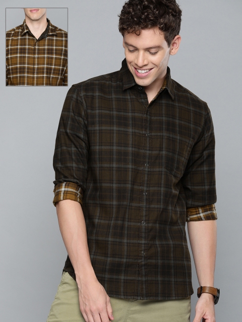 

HERE&NOW Men Olive Green & Rust Brown Reversible Slim Fit Checked Casual Shirt