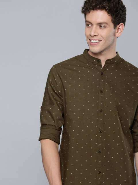 

HERE&NOW Men Olive Green & White Slim Fit Printed Casual Shirt