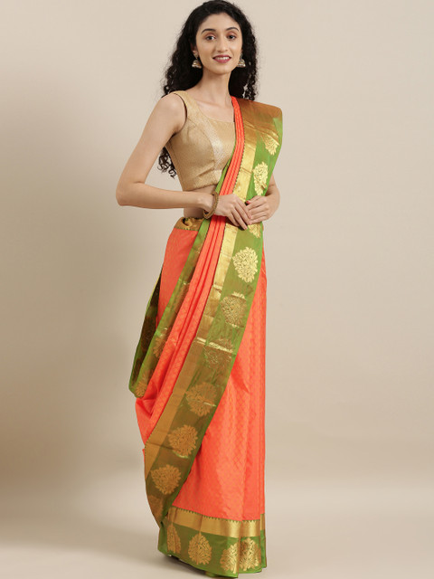 

The Chennai Silks Classicate Orange & Green Pure Silk Woven Design Dharmavaram Saree