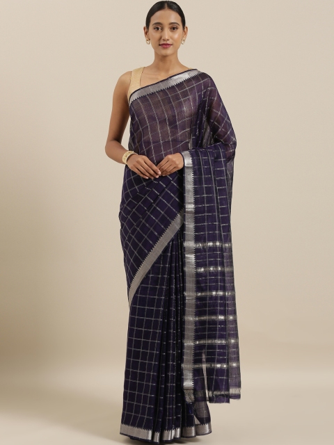 

The Chennai Silks Navy Blue & Silver-Toned Pure Cotton Checked Mangalagiri Sustainable Saree
