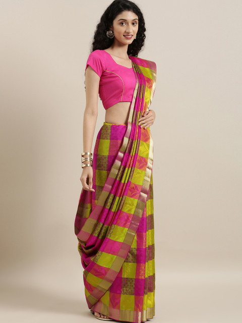 

The Chennai Silks Lime Green & Pink Pure Silk Checked Kanjeevaram Saree