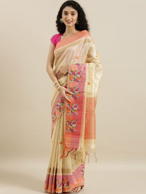 

The Chennai Silks Off-White & Orange Jute Cotton Embroidered Saree