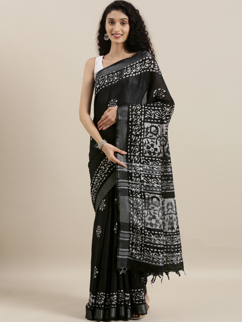 

The Chennai Silks Black & White Pure Cotton Printed Block Print Saree