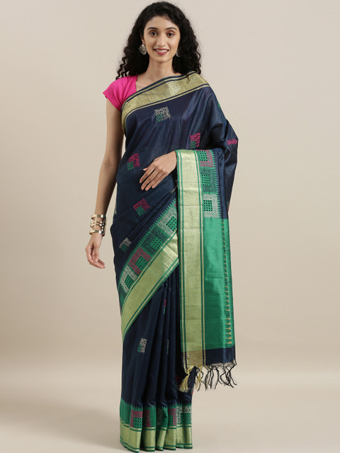 

The Chennai Silks Classicate Navy Blue & Green Jute Cotton Embroidered Festive Saree