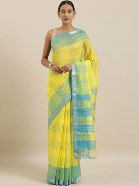 

The Chennai Silks Classicate Yellow & Turquoise Blue Pure Cotton Checked Mangalagiri Saree