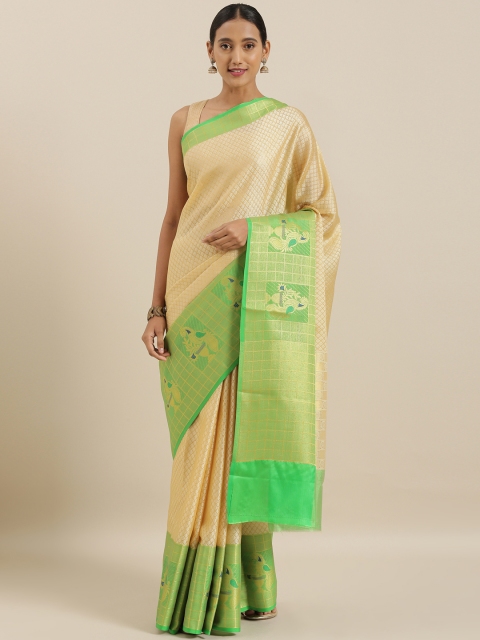 

The Chennai Silks Cream-Coloured & Green Organza Woven Design Saree