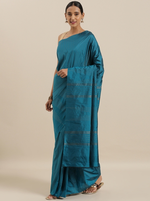 

The Chennai Silks Classicate Teal Blue & Golden Polycotton Striped Saree