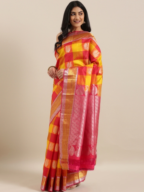 

The Chennai Silks Yellow & Orange Pure Silk Checked Kanjeevaram Saree