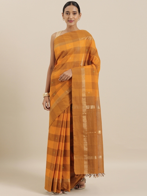 The Chennai Silks Classicate Mustard Yellow Checked Pure Cotton Handloom Saree
