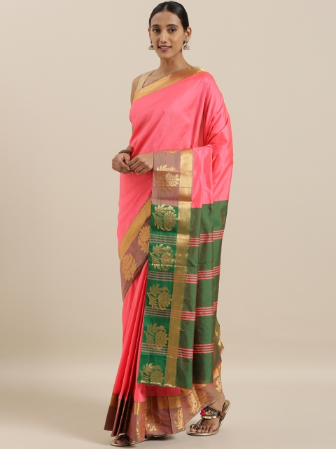 

The Chennai Silks Classicate Coral Pink & Green Polycotton Solid Saree