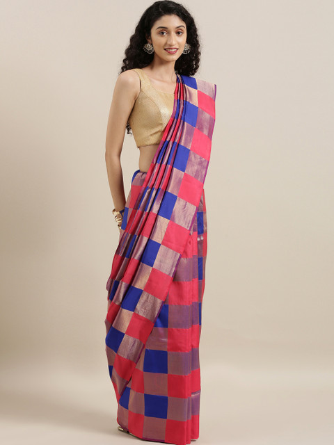 

The Chennai Silks Navy Blue & Pink Pure Silk Checked Kanjeevaram Saree