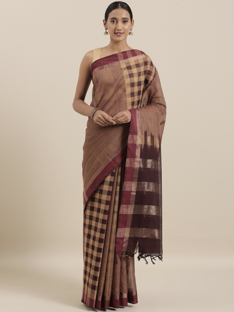 

The Chennai Silks Classicate Burgundy & Coffee Brown Pure Cotton Checked Handloom Saree