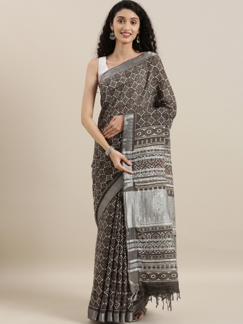 

The Chennai Silks Brown & White Pure Cotton Printed Block Print Saree