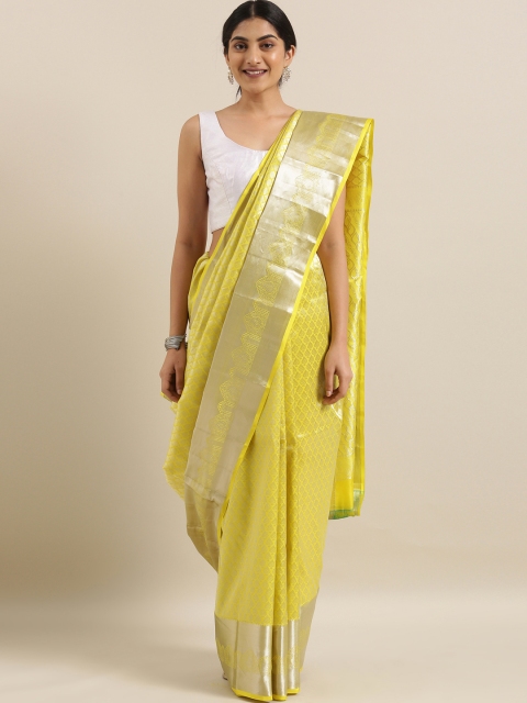 

The Chennai Silks Mustard Yellow & Silver-Toned Pure Silk Woven Design Kanjeevaram Saree