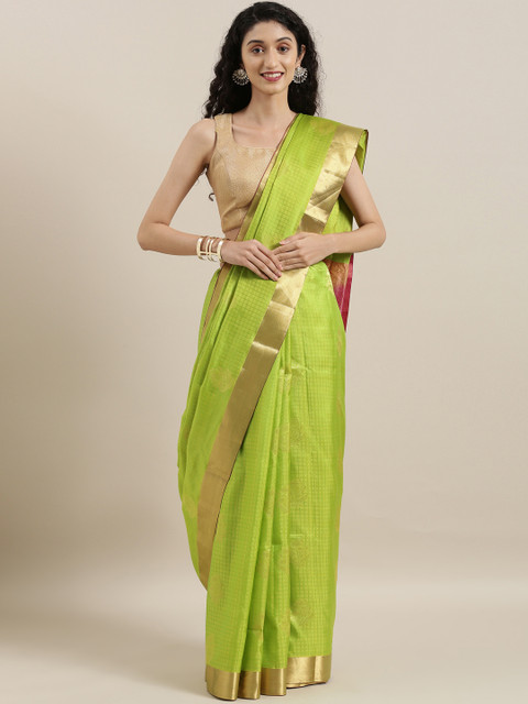 

The Chennai Silks Green & Golden Pure Silk Checked Kanjeevaram Saree