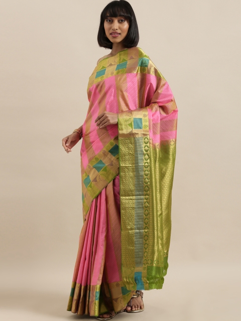 

The Chennai Silks Pink & Olive Green Pure Silk Striped Kanjeevaram Saree