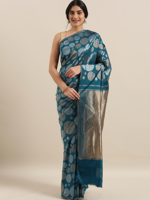 

The Chennai Silks Teal Blue & Silver-Toned Polycotton Woven Design Saree