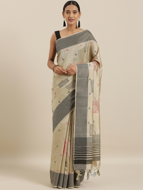 

The Chennai Silks Beige & Grey Jute Cotton Embroidered Saree