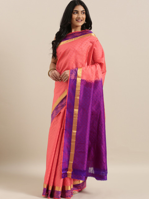 

The Chennai Silks Classicate Coral Pink & Purple Pure Silk Woven Design Dharmavaram Saree