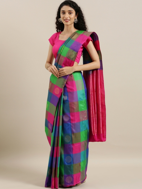 

The Chennai Silks Navy Blue & Pink Pure Silk Checked Kanjeevaram Saree