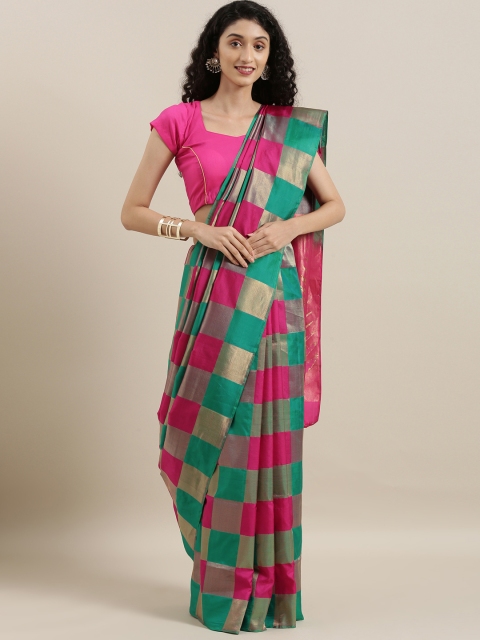 

The Chennai Silks Teal Green & Pink Pure Silk Checked Kanjeevaram Saree