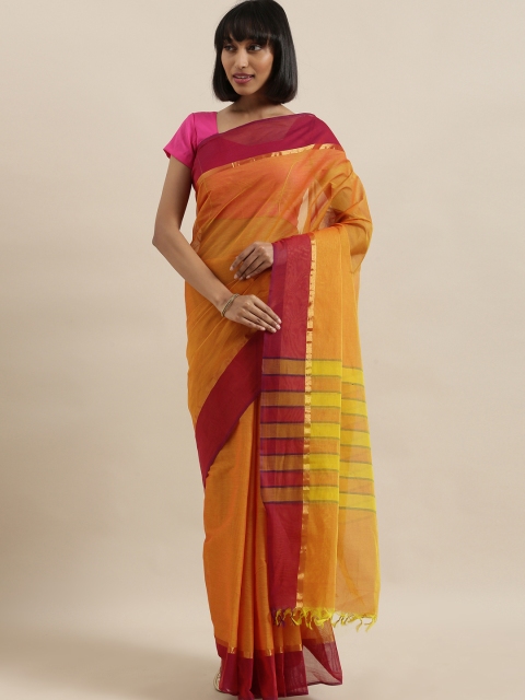 

The Chennai Silks Classicate Mustard Orange & Pink Pure Cotton Solid Handloom Saree