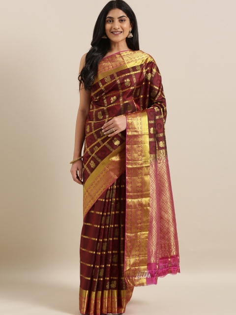 

The Chennai Silks Maroon & Gold-Toned Pure Silk Checked Kanjeevaram Saree