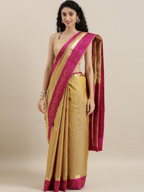 

The Chennai Silks Mustard Yellow & Pink Pure Silk Woven Design Kanjeevaram Saree