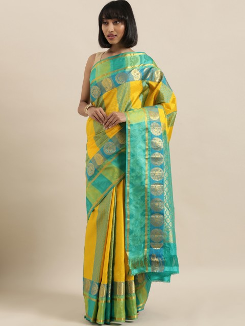 

The Chennai Silks Classicate Yellow & Green Pure Silk Striped Kanjeevaram Saree