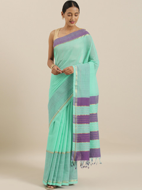 

The Chennai Silks Sea Green & Purple Pure Cotton Checked Mangalagiri Sustainable Saree