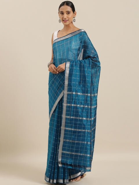 

The Chennai Silks Classicate Teal Blue & Silver-Toned Cotton Checked Mangalagiri Sustainable Saree