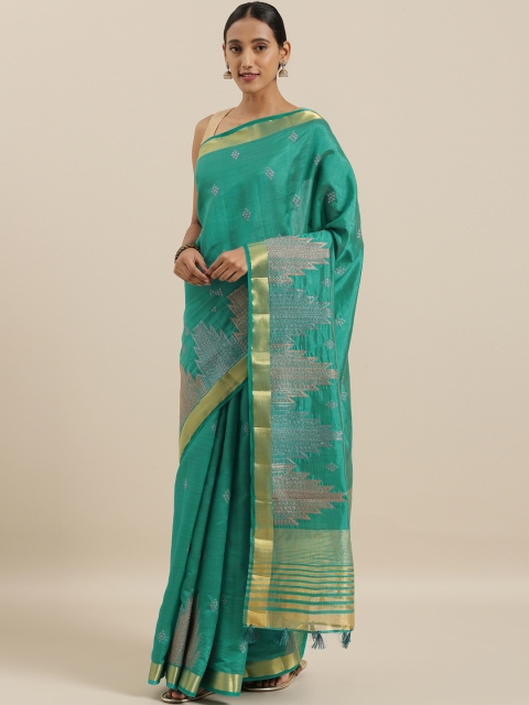 

The Chennai Silks Teal Green & Grey Jute Cotton Embroidered Saree