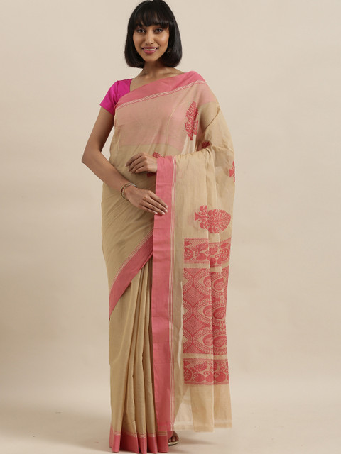 

The Chennai Silks Beige & Pink Pure Cotton Woven Design Saree