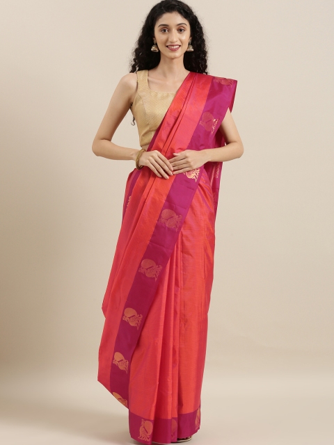 

The Chennai Silks Coral Red & Pink Pure Silk Striped Kanjeevaram Saree