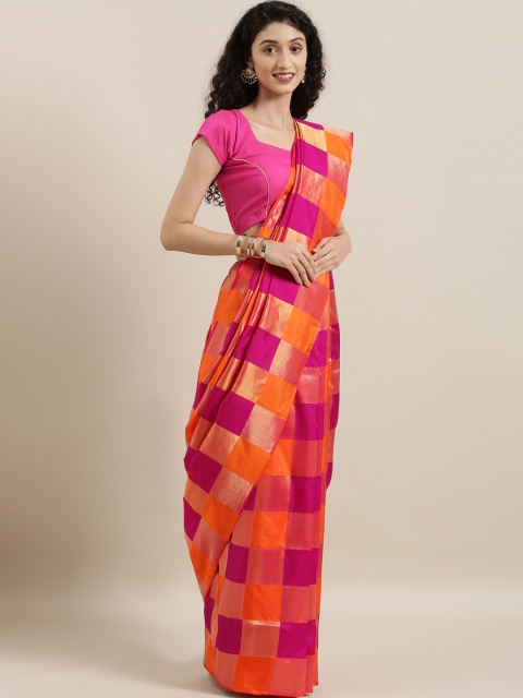 

The Chennai Silks Pink & Orange Pure Silk Checked Kanjeevaram Saree