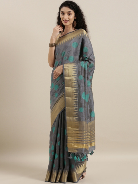 

The Chennai Silks Grey & Blue Jute Cotton Embroidered Saree