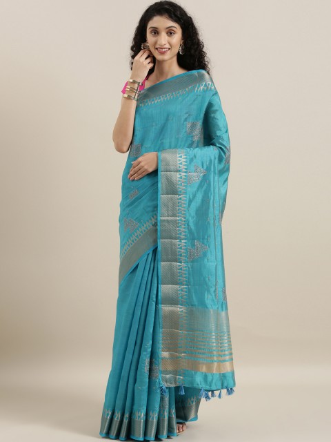 

The Chennai Silks Turquoise Blue & Silver-Toned Jute Cotton Embroidered Saree
