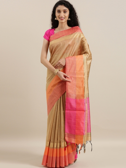 

The Chennai Silks Classicate Beige & Orange Cotton Blend Solid Saree