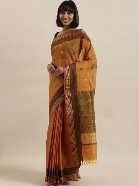 

The Chennai Silks Classicate Mustard Yellow & Brown Cotton Woven Design Handloom Saree