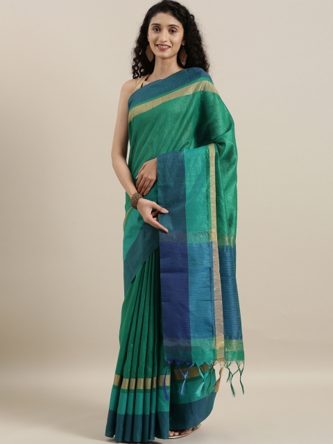 

The Chennai Silks Green & Navy Blue Cotton Blend Solid Saree