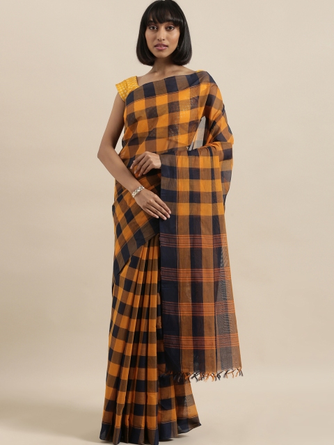 

The Chennai Silks Classicate Mustard Yellow & Black Pure Cotton Checked Handloom Saree