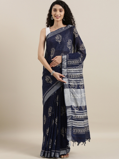 

The Chennai Silks Navy Blue Pure Cotton Printed Block Print Saree