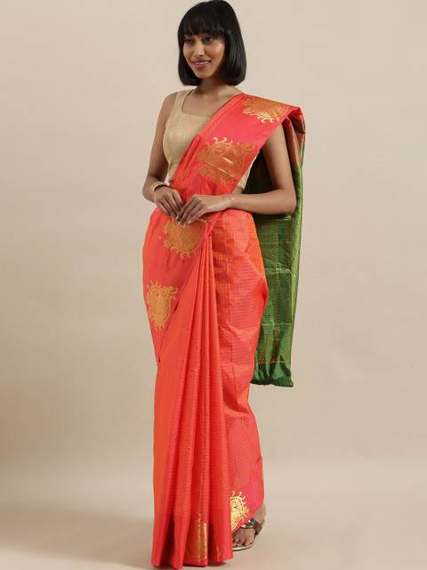 

The Chennai Silks Coral Orange & Gold-Toned Pure Silk Checked Dharmavaram Saree