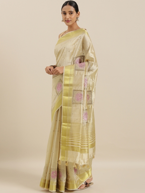 

The Chennai Silks Cream-Coloured & Silver-Toned Jute Cotton Embroidered Saree