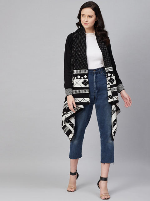 

Cayman Women Black & White Self-Design Longline Front-Open Sweater