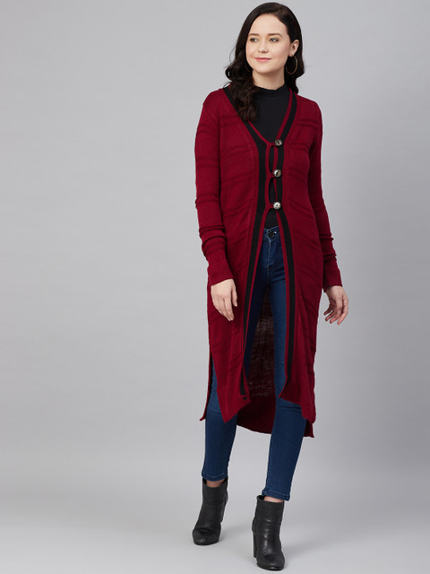 

Cayman Women Maroon Self-Design Longline Cardigan