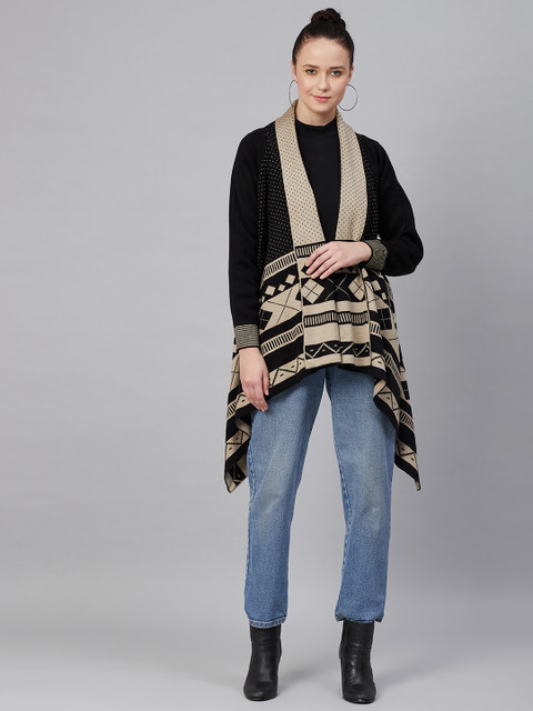 

Cayman Women Black & Beige Self-Design Longline Front-Open Sweater