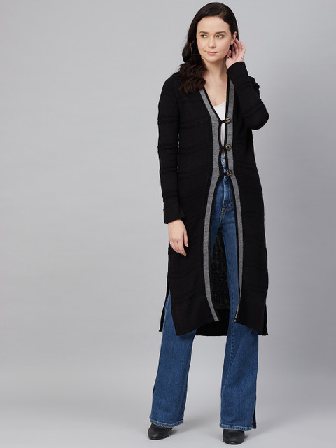 

Cayman Women Black Solid Self Design Longline Sweater